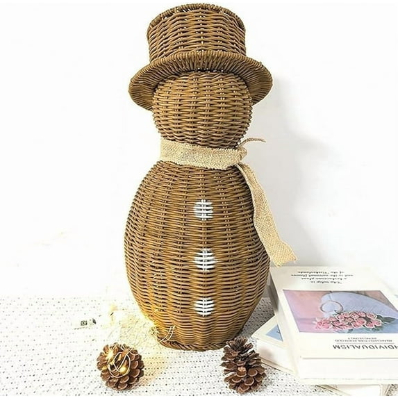Brown Rattan Snowman Handcrafted Wicker Snowman, Rustic Rattan Christmas Decoration, Winter Table Centerpiece for Home, Farmhouse Kitchen, and Garden Decor 17in