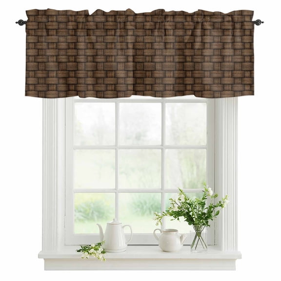 Brown Rattan Valances for Windows, Rod Pocket Kitchen Valance Curtains - Soft & Washable Small Window Treatment for Living Room, Bathroom, Retro Striped Lines 42x12inch, 1 Panel