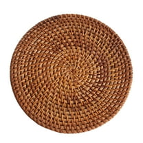 Brown Rattan Woven Placemat,Woven Cup Mat Round Rattan Wicker Table Placemat Heat Non Slip Table Mat for Dining Table,Woven Placemats Boho Placemats Woven Cup Mat,Yellow,7.87"