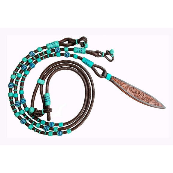 Brown Rawhide Romal Reins Hand-Braided 8.5 Ft Rope with Turquoise & Navy Blue Plaited Design and Leather Knots Premium Tack