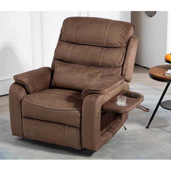 Brown Recliner Chair for Elderly,Tall and Big Man 400lbs, Chenille,Power Lift, Lay Flat, Stand Up, Wireless Charging Device, Extended Footrest, Massage Heat, Cup Holder, Lumbar Pillow