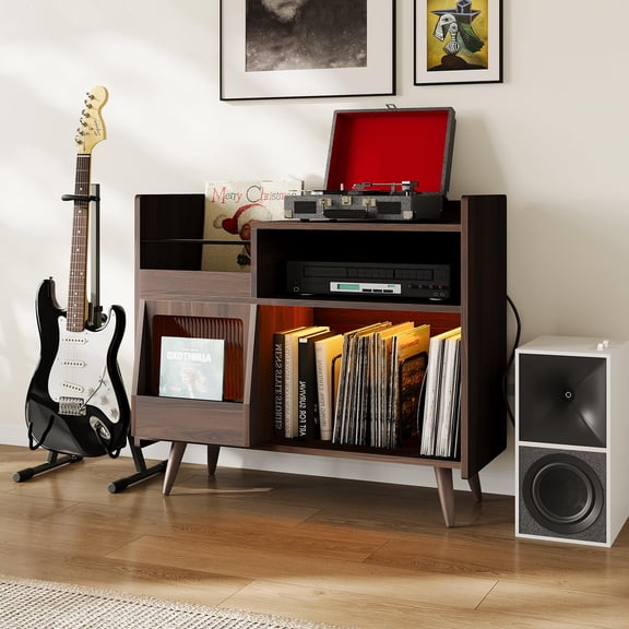 Brown Record Player Stand with LED Light & Charging Station, Vinyl Storage Cabinet with Sliding Door, Holds 350 Albums for Living Room & Office