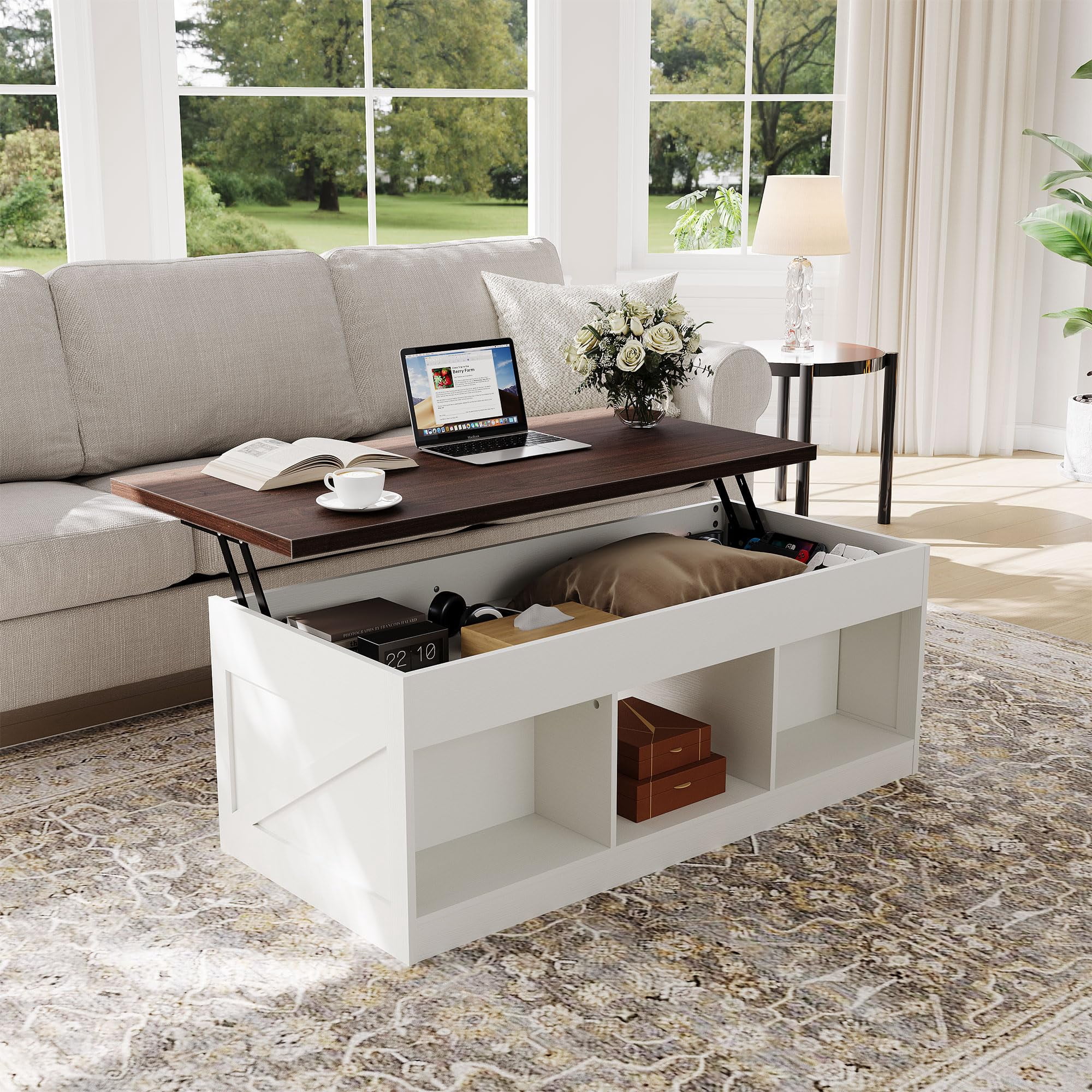 Brown Rectangle Hydraulic Lift Top Coffee Table with Hidden Storage ...