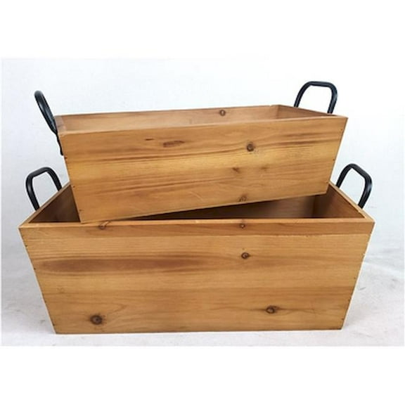 Brown Rectangular Tapered Wood with Iron Handles Crate