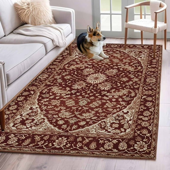 Brown Red Boho Area Rug 4x6 Washable Rug Non Slip Vintage Country Tribal Abstract Ethnic Large Area Rug Indoor Floor Carpet for Entryway Bedroom Kitchen Living Room Home Office Dining Room Nursery