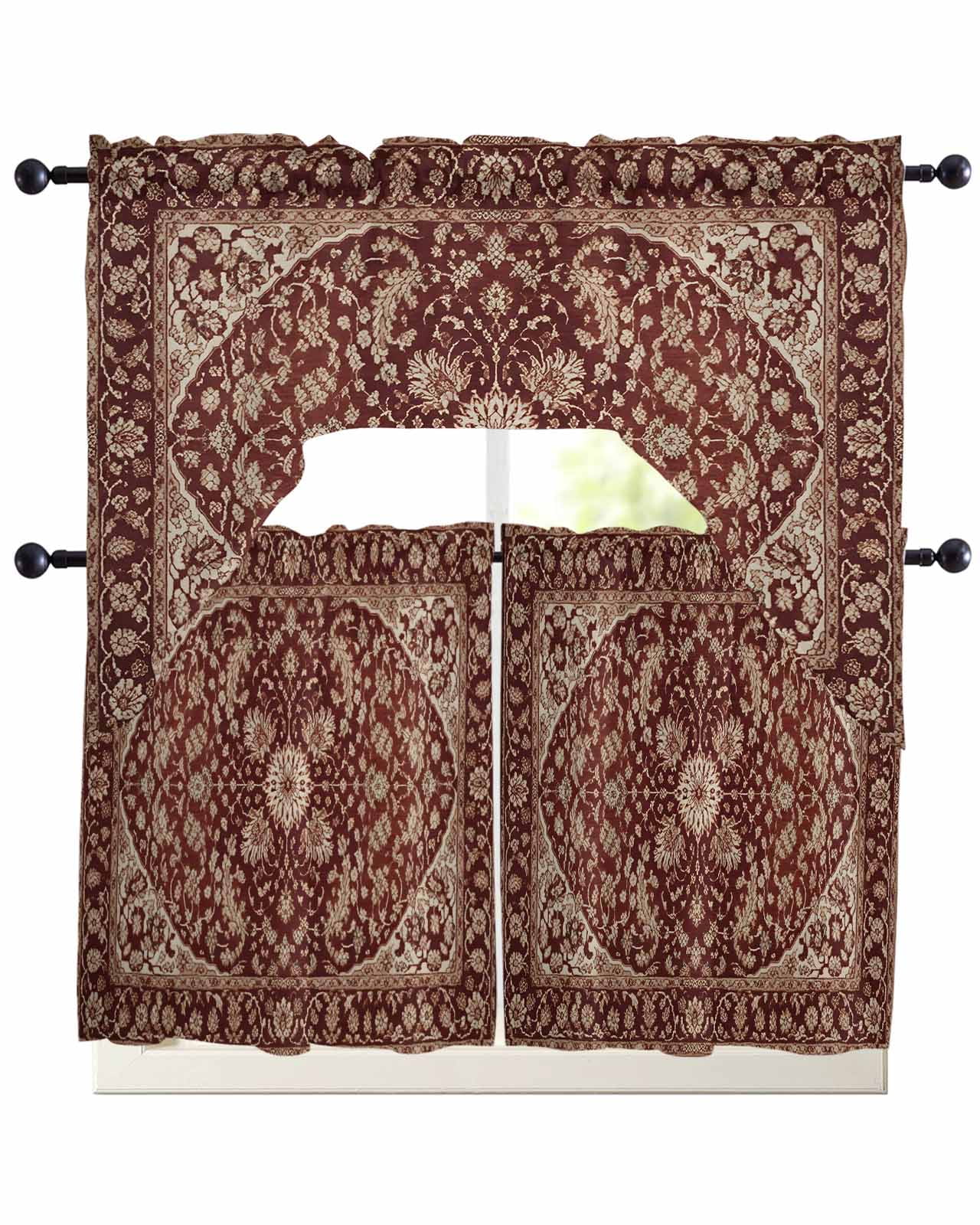 Brown Red Boho Kitchen Curtains Sets 36 Inch Length with Valance