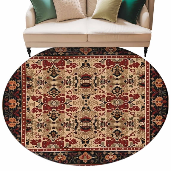Brown Red Boho Large Area Rugs for Bedroom Living Room, Soft Non Slip Carpet Bedside Rug, Vintage Geometric Abstract Art Round Floor Cover Kitchen Accent Rug 6' for Dining Room/Office