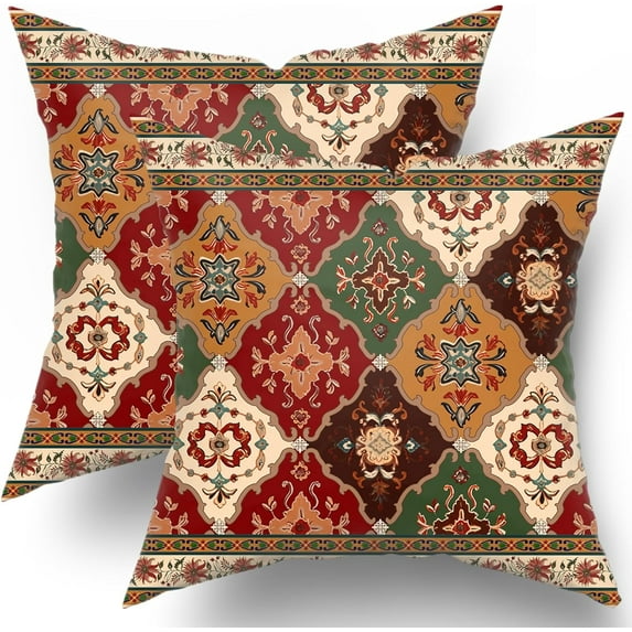 Brown and Red Boho Pillow Covers 20x20 Inch Set of 2 Bohemian Vintage Flower Decorative Throw Pillow Covers Green Beige Floral Outdoor Cotton Pillowscase Cushion Covers for Sofa Couch Bedroom Home