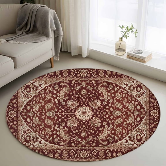 Brown Red Boho Round Rug 3ft Washable Circle Entryway Rugs Non Slip Vintage Country Tribal Abstract Ethnic Area Rug Indoor Floor Carpet for Bedroom Kitchen Living Room Home Office Dining Room Nursery