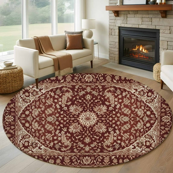 Brown Red Boho Round Rug 5ft Washable Circle Kitchen Rugs Non Slip Vintage Country Tribal Abstract Ethnic Large Area Rug Indoor Floor Carpet for Bedroom Living Room Home Office Dining Room Nursery