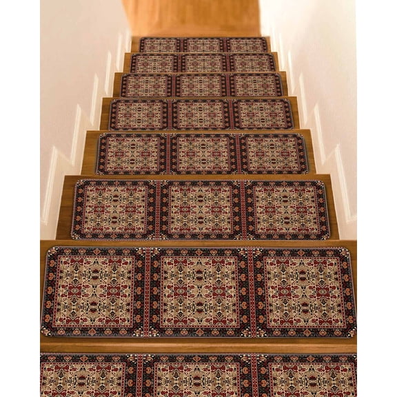 Brown Red Boho Stair Treads for Wooden Steps Indoor Runner Rug Carpet, Vintage Geometric Abstract Art 4 Pieces Peel and Stick Staircase Step Treads Covers Washable Throw Door Mats, 30"x8"
