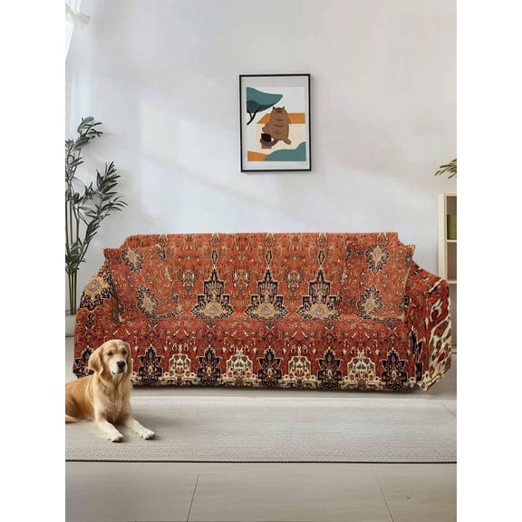 Brown Red Couch Cover, Vintage Boho Ethnic Geometric Abstract Art Sofa Cover Blanket for Loveseat Couches, Sectional Sofa Slipcover Furniture Protector for Living Room Bedroom 71''x118''