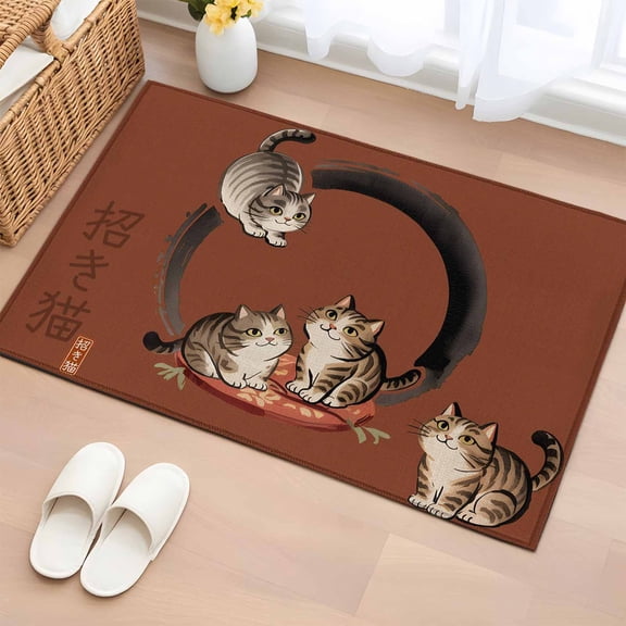 Brown Red Cute Cat Bathroom Rug Washable 2x3 Entryway Rug Non Slip Modern Art Front Door Mat Low Pile Indoor Doormat Throw Floor Carpet for Kitchen Bedroom Entrance
