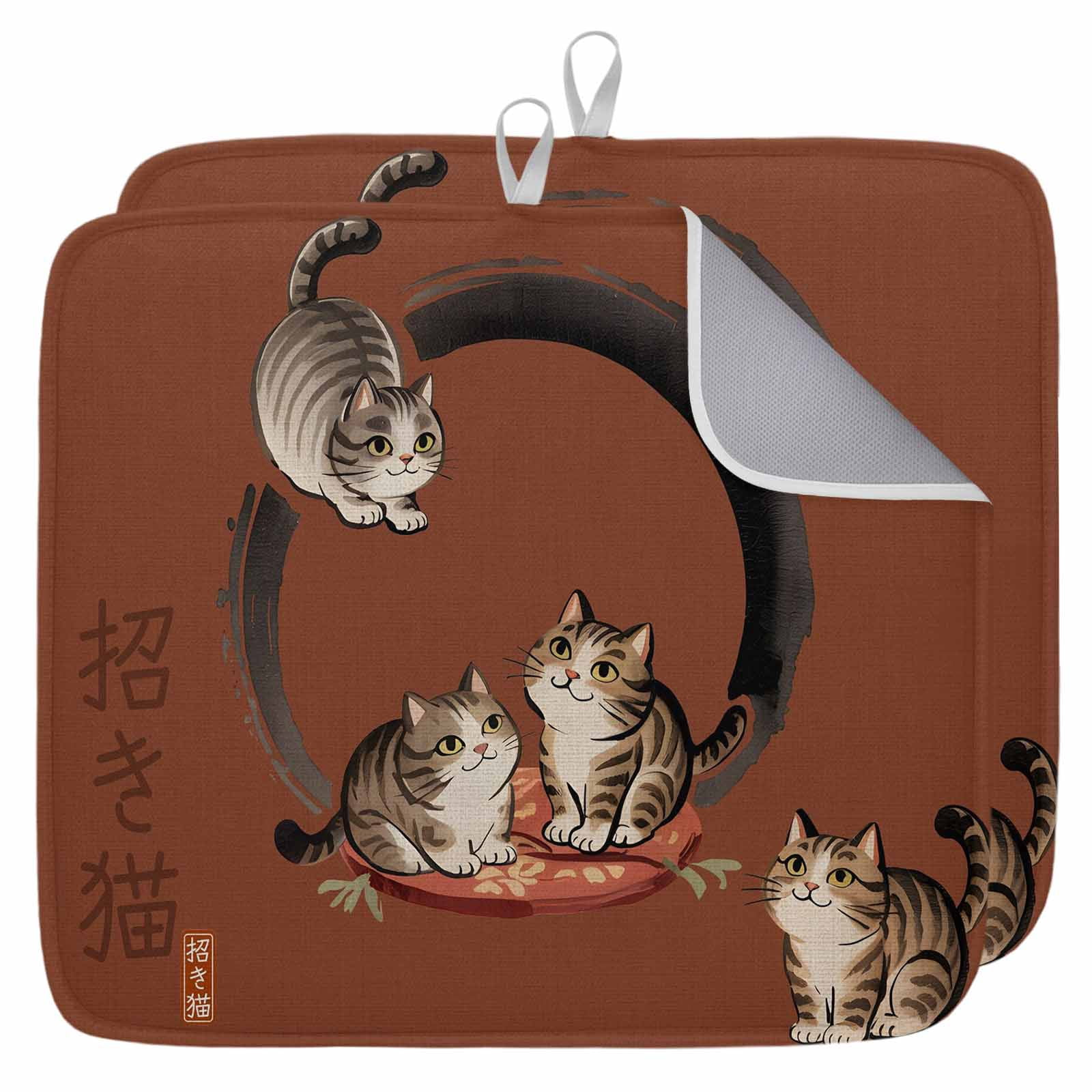 Brown Red Cute Cat Dish Drying Mat for Kitchen Counter, Modern Art Dish ...
