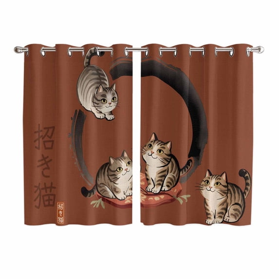 Brown Red Cute Cat Kitchen Curtains 72 Inch Length, Modern Art Grommet Top Bedroom Living Room Curtains, Light Filtering Cafe Curtain Drapes 2 Panels Set 104''x72''