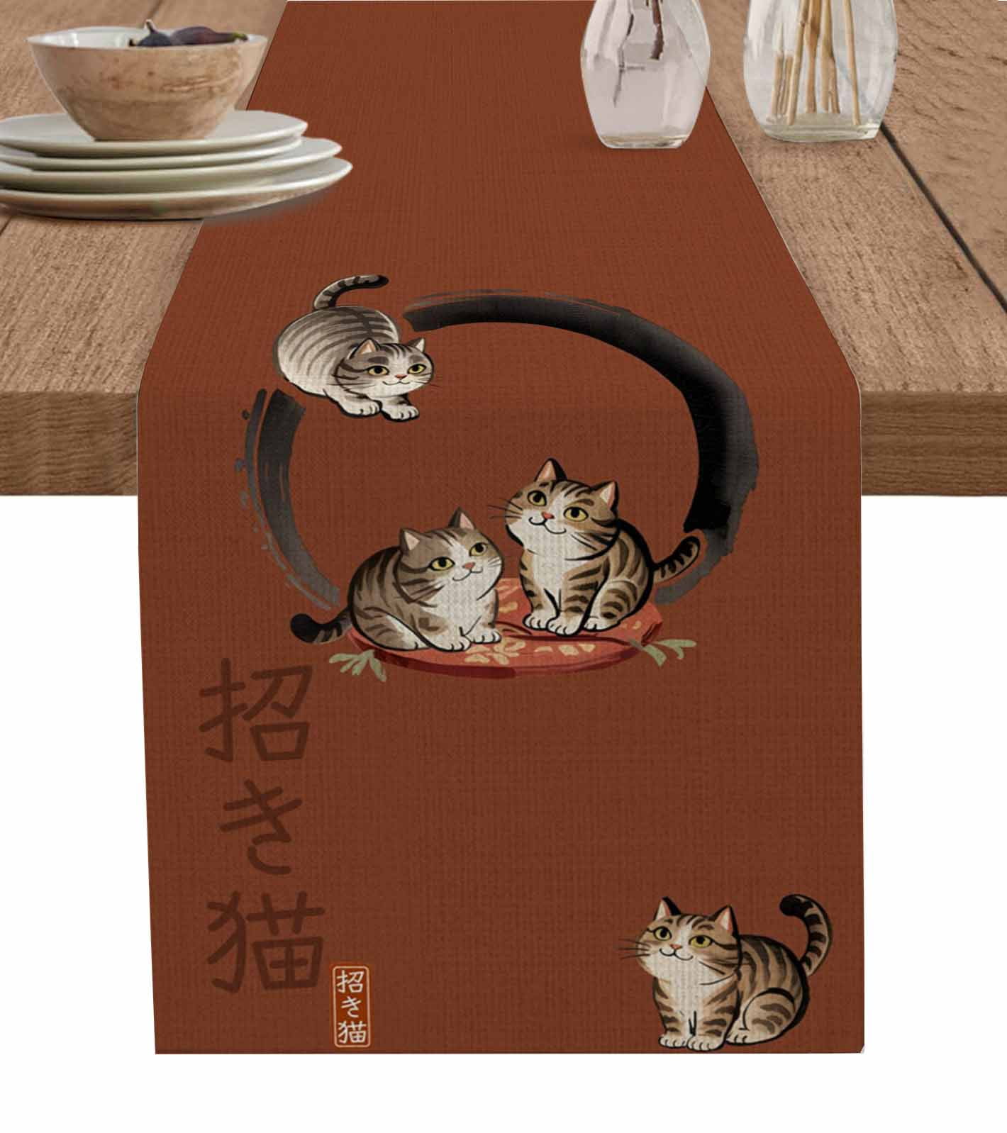 Brown Red Cute Cat Table Runner 90 Inches, Modern Art Bed Runner ...