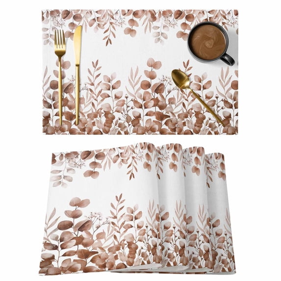 Brown Red Eucalyptus Leaves Placemats Set of 6, Watercolor Spring Summer Botanical Placemats for Dining Table, Place Mats for Kitchen Tabletop, Waterproof Wipeable Dining Table Mats Set