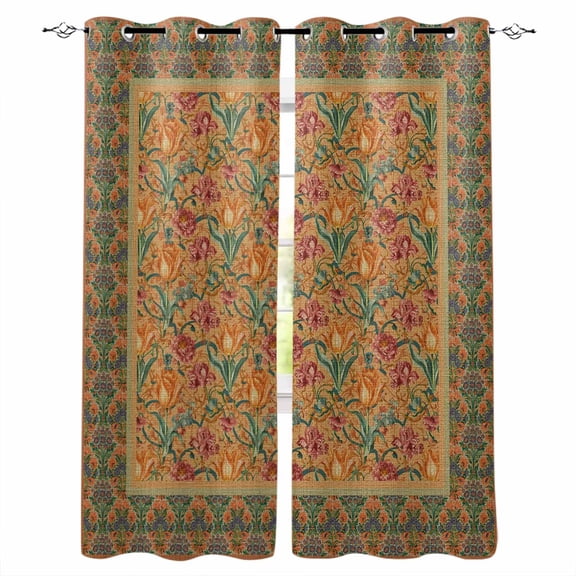 Brown Red Floral Boho Blackout Curtains for Bedroom, Thermal Insulated Window Treatment, Vintage Ethnic Tribe Abstract Art Grommet Top Blackout Draperies and Drapes for Basement 27.5"x39" 2 Panels