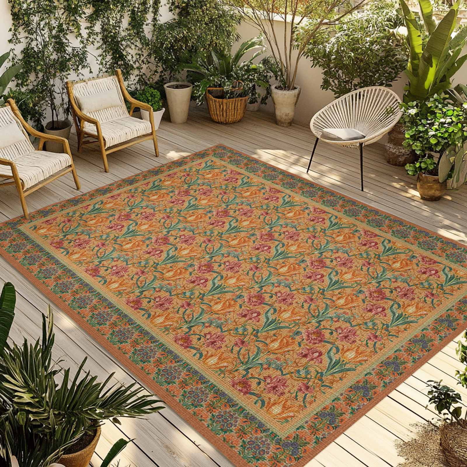 Ross Patio Rug Brown Red Floral Boho Outdoor Rug 5x7 Ft - Reversible Patio Rug Outdoor ...