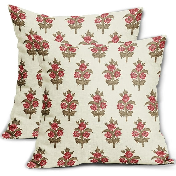 Brown Red Floral Pillow Covers 18x18 Set of 2 Summer Autumn Flower Leaves Print Decorative Throw Pillow Cases Outdoor Farmhouse Decoration for Sofa Couch Bed