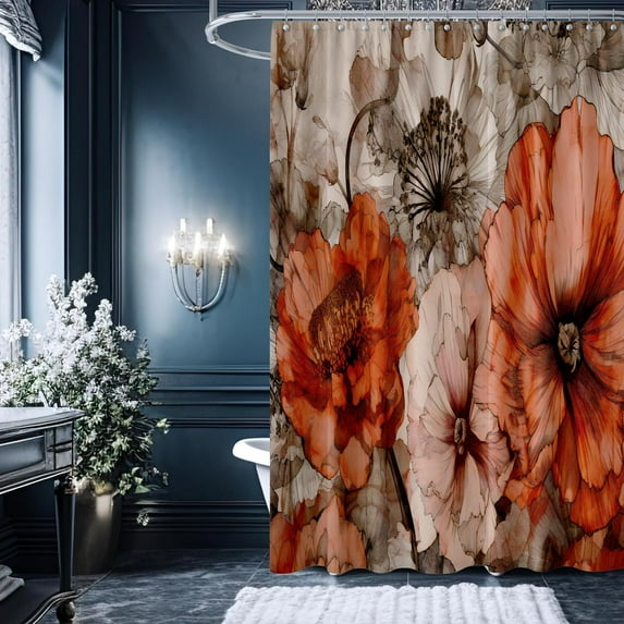 Brown and Red Flower Shower Curtain, Boho Watercolor Floral Bath Curtain Modern Bathroom at Home Decor Waterproof Fabric Machine Washable-72"W x 86"L (Pack of 1)
