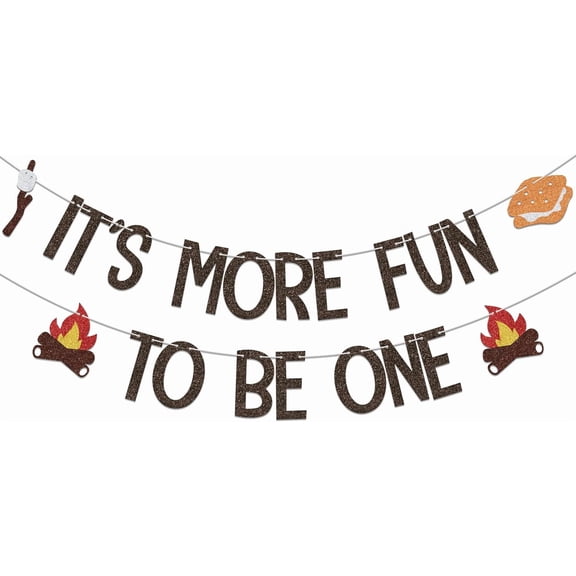 Brown Red Gold White Glitter Its More Fun To Be One Banner with Campfire, Marshmallow & S'mores Cutouts, Camping Themed 1st Birthday Party Supplies