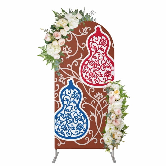 Brown Red Gourd Arch Backdrop Cover 4FT, Modern Abstract Art Floral Spandex Fitted Stretchy Arch Stand Covers, Round Top Chiara Backdrop Cover for Wedding Party Birthday Baby Shower