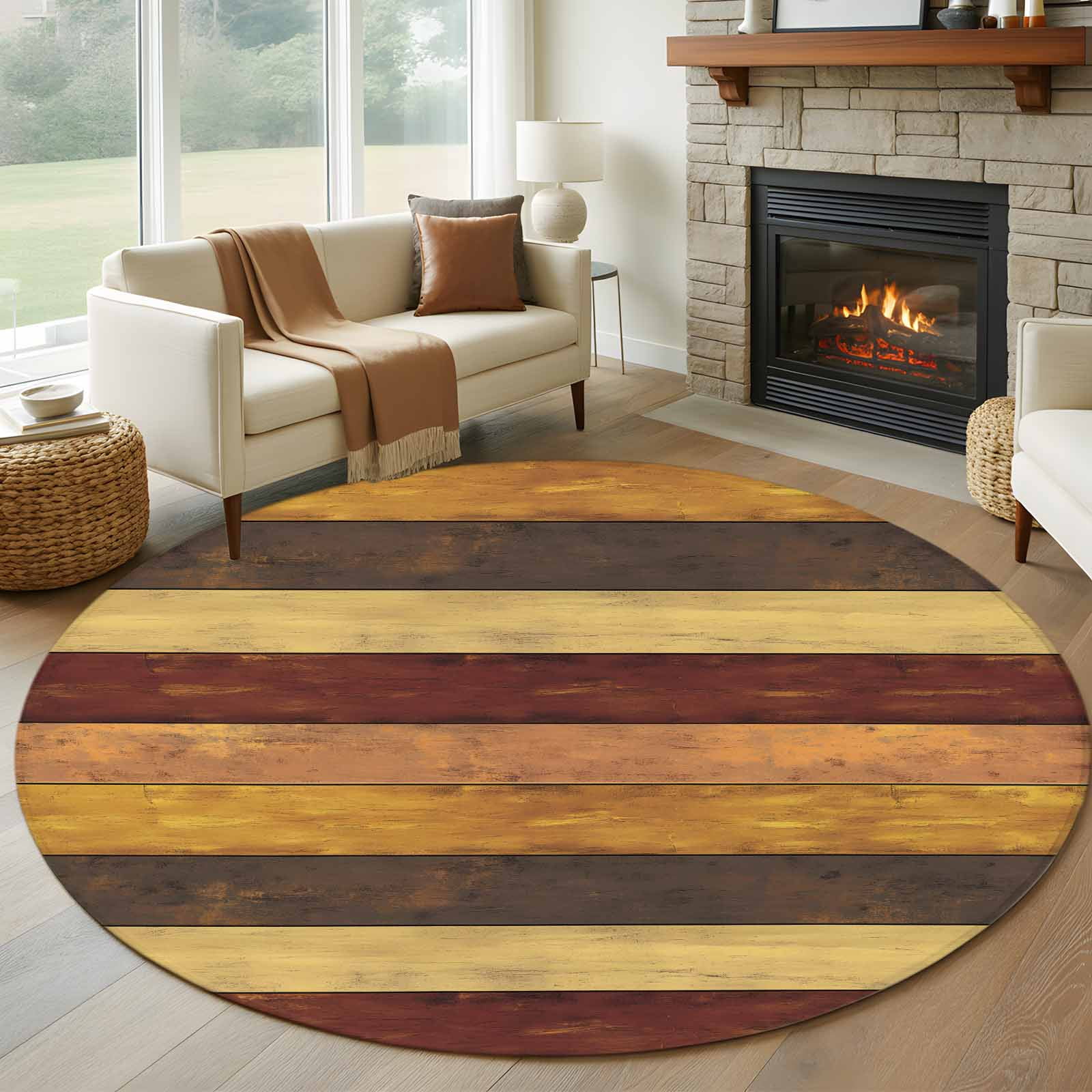 Round Country Style Ruggable Rugs Brown Red Grey Farmhouse Round Area Rug 5ft, Vintage Wooden Country ...