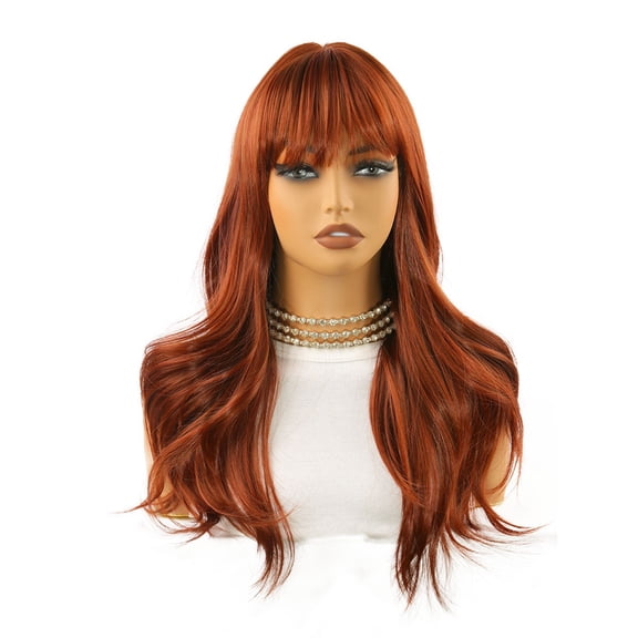 Brown-Red Long Straight Hair Hair Wigs with Bangs for Women - Natural Look, High Temperature Synthetic Wigs, Comfortable Headband