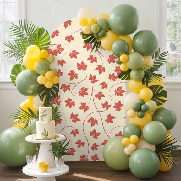 Brown Red Maple Leaf Arch Backdrop Cover, 4FT, Fall Leaves Beige Background Spandex Arch Covers Double-Sided Backdrop for Wedding Birthday Party Photo Background Decoration