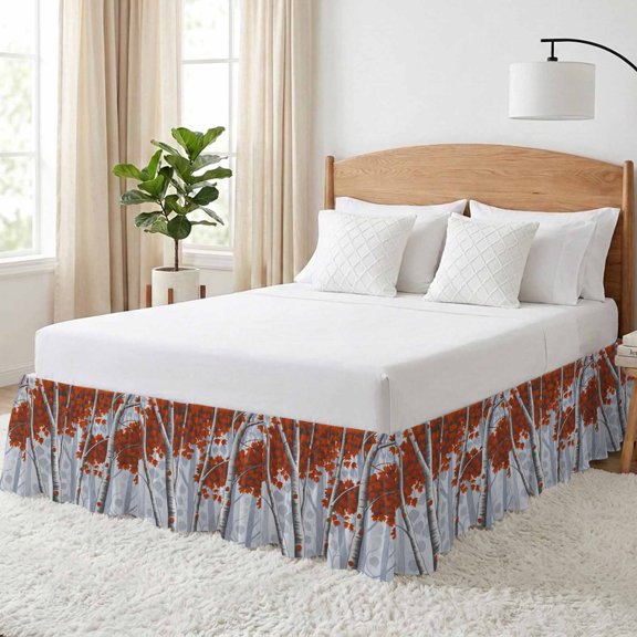 Brown Red Maple Leaf Bed Skirt California King Size 18 Inch Drop, Fall Gray Tree Shadow Branch Nature Adjustable Elastic Dust Ruffles Bedskirt Wrap Around Pleated Mattress Frame Cover