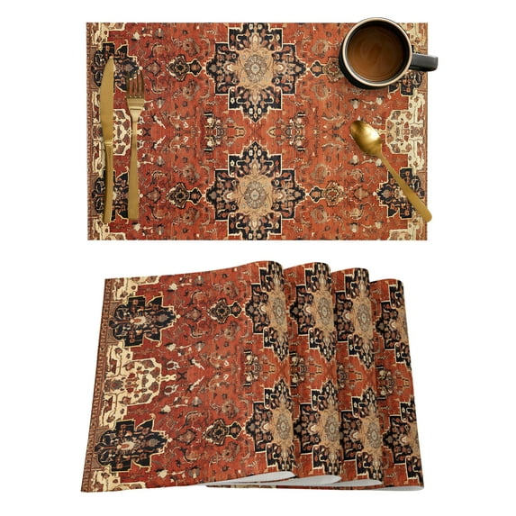 Brown Red Placemats Set of 4, Vintage Boho Ethnic Geometric Abstract Art Placemats for Dining Table, Place Mats for Kitchen Tabletop, Waterproof Wipeable Dining Table Mats Set