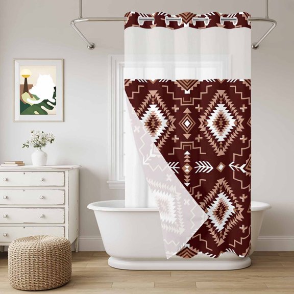 Brown Red Rectangle No Hook Shower Curtain with Snap in Liner, Tribal Retro Classic Geometric Abstract Waterproof Shower Curtains with See Through Top Window Liner for Bathroom, 36x72 Inches