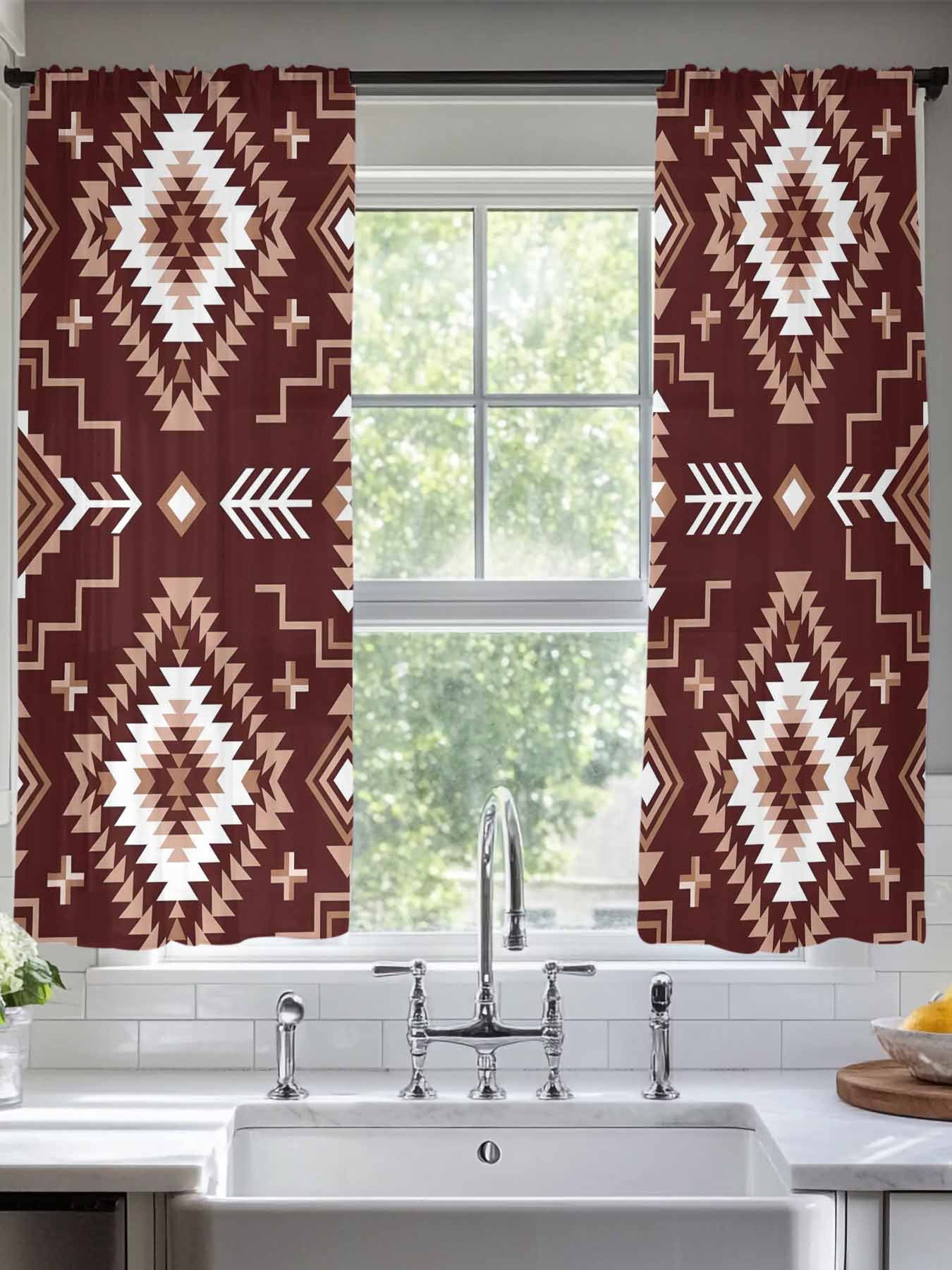 Rectangular Curtains Brown Red Rectangle Sheer Curtains 63 inches Long, Tribal Retro Classic ...