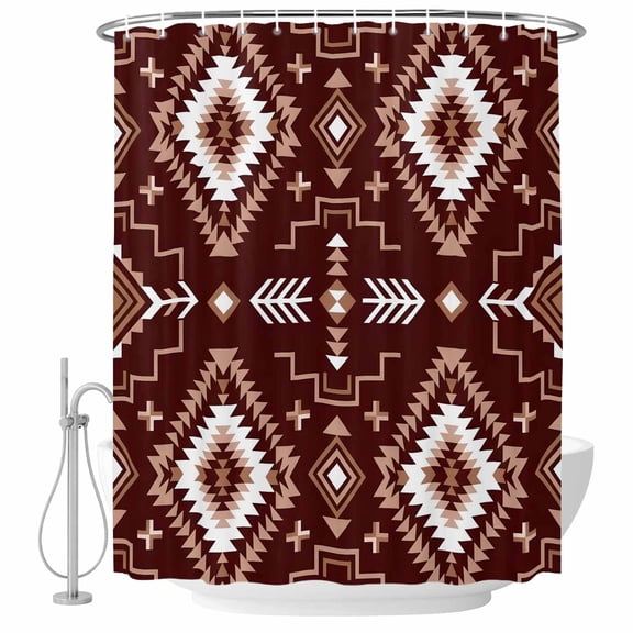 Brown Red Rectangle Shower Curtain, 72"x72", Tribal Retro Classic Geometric Abstract Waterproof Bathroom Curtain Washable Shower Curtain Set with 12 Hooks