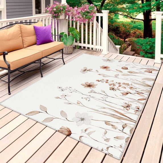 Brown Red Spring Floral Outdoor Rug 5x8 Ft, Non Slip Washable Area Rug, Botanical Summer Flowers Elegant Patio Rugs Carpet Runner, Large Floor Mat for Indoor/Outdoor Deck Porch Camping