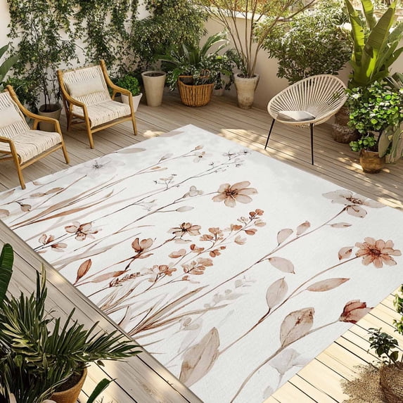 Brown Red Spring Floral Outdoor Rug for Patio/Deck/Porch, Non-Slip Large Area Rug 6 x 9 Ft, Summer Flowers Botanical Elegant Indoor Outdoor Rugs Washable Area Rugs, Camping Rug Carpet Runner