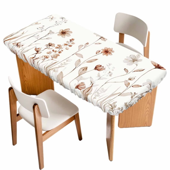 Brown Red Spring Floral Table Cloths for 5 Foot Rectangle Tables, Summer Flowers Botanical Elegant Patio Waterproof Elastic Fitted Tablecloths, Washable Rectangular Table Cover for Camping