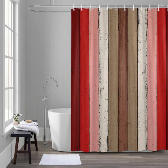 Brown Red Striped Shower Curtain for Bathroom Decor, Modern Vintage Wood Texture Rectangle Waterproof Fabric Shower Curtain, 54"x78" Set with 12 Hooks