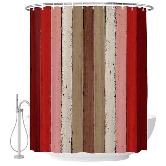 Brown Red Striped Shower Curtain Set with Hooks, Modern Vintage Wood Texture Rectangle Water Repellent Shower Curtains for Bathroom Decor Sturdy Shower Curtain, Machine Washable 36x78 Inch