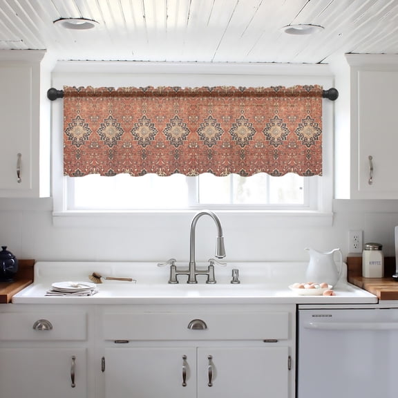 Brown Red Valance Curtains for Kitchen/Living Room/Bathroom/Bedroom Window, Vintage Boho Ethnic Geometric Abstract Art Rod Pocket Small Topper Half Short Window Curtains Voile Sheer Scarf 42"x12"