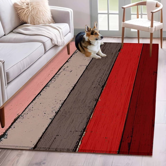 Brown Red Wood Grain Area Rugs 4x6 ft Countryside Stripe Gradient Art Washable Rug Non Slip Indoor Carpet Absorbent Floor Mat for Living Room Bedroom Dining Room