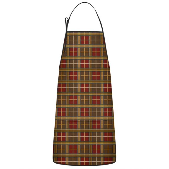Brown Red Yellow Plaid Checkered Pattern Apron-Garden Aprons for Women with Pockets-Cotton Linen Waterproof Kitchen Cooking Gardening Aprons Adjustable for Kitchen,Cooking,BBQ and Salon 33x27 Inch