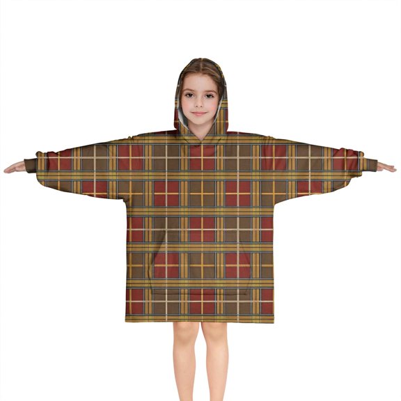 Brown Red Yellow Plaid Checkered Pattern Blanket Hoodies for Kids 6-13YR Oversize Wearable Blanket Hoodies for Boys Girls Teens