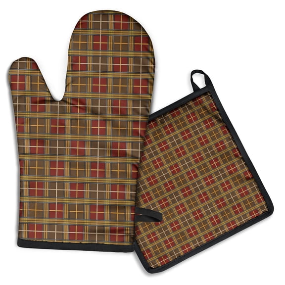 Brown Red Yellow Plaid Checkered Pattern Kitchen Oven Mitt and Pot Holder Sets 2 Pcs for Baking, Cooking and Grilling, Heat Resistant Up To 392 °F