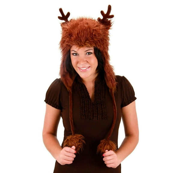 Reindeer Faux Fur Hoodie Brown Adult Costume Hat One Size