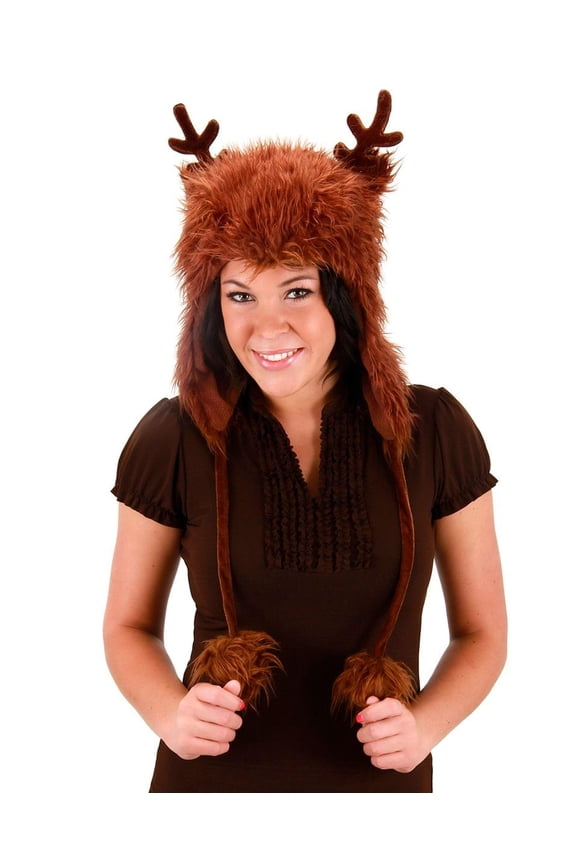 Reindeer Faux Fur Hoodie Brown Adult Costume Hat One Size