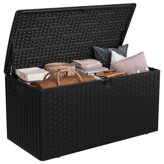 Brown Resin Outdoor Deck Box, waterproof lockable patio storage cabinet, square design fits package delivery, stores furniture cushions, garden tools and pool accessories