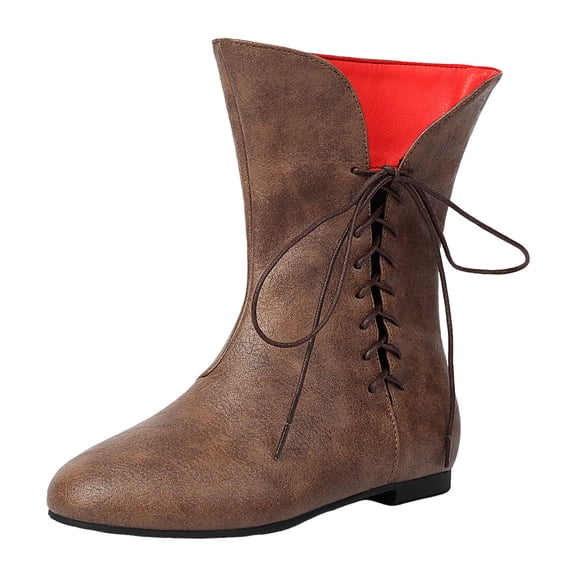 Brown Retro Ankle Boots for Women Flat Lace Up Wide Calf Riding Booties Soft Leather Non Slip Walking Shoes