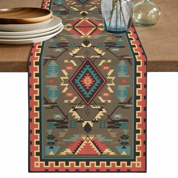 Brown Retro Bohemian Geometric Table Runner, Ethnic Retro Pattern Cotton Linen Kitchen Table Decoration Washable Dining Tabletop Runners for Home Party Decor 13x48 Inches